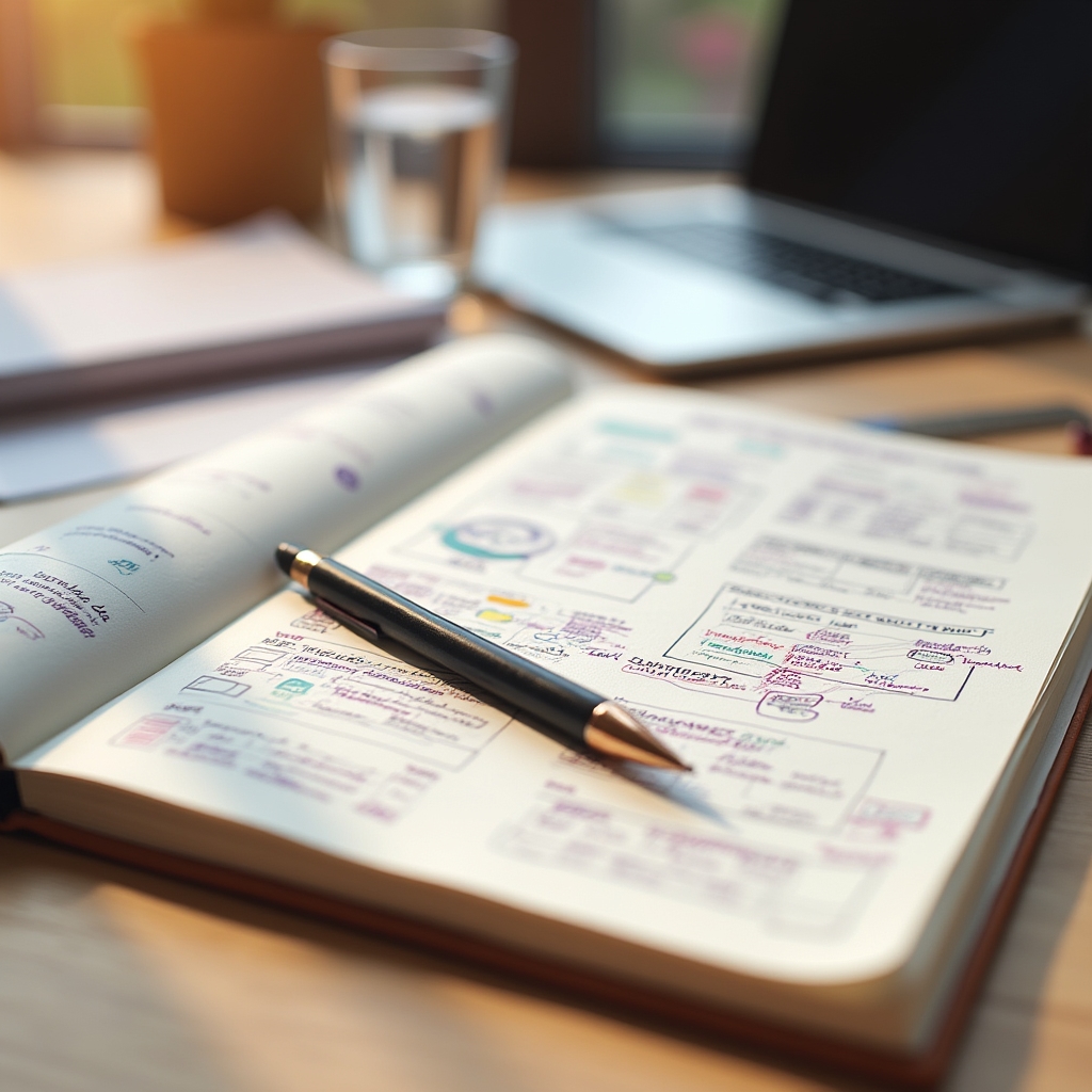 Tervező asztal projektjegyzetekkel és eszközökkel