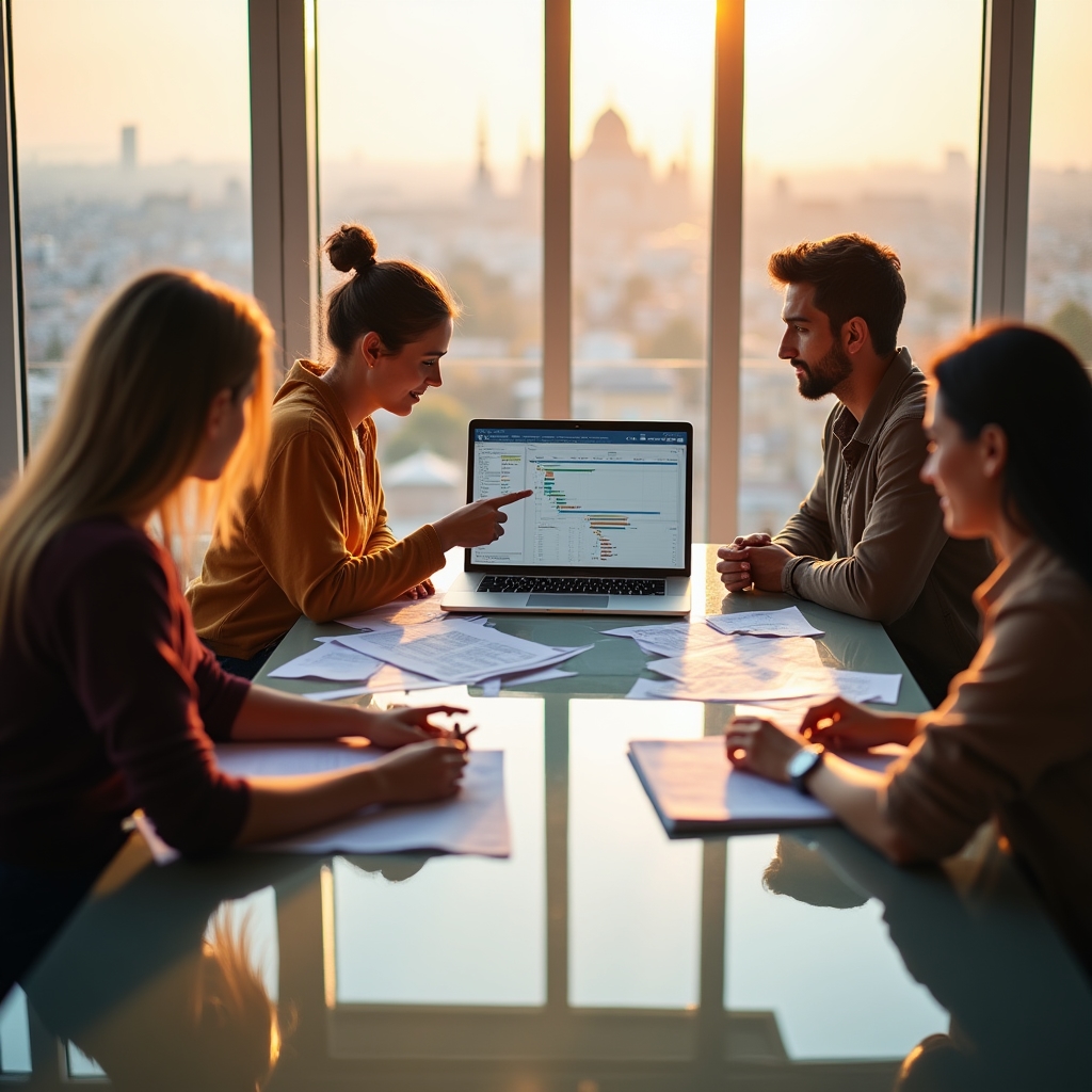 Csapat közösen dolgozik egy projektterven modern irodában